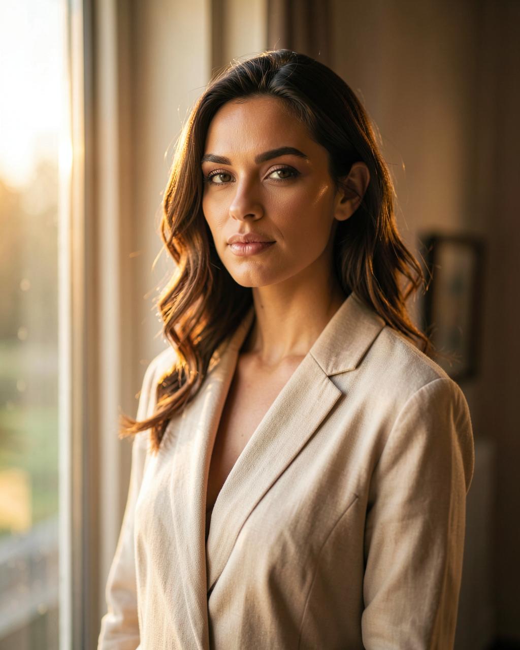 Editorial portrait in warm natural window light