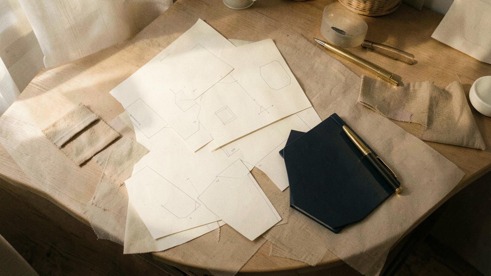 Designer's desk with layouts and fabric swatches at dawn